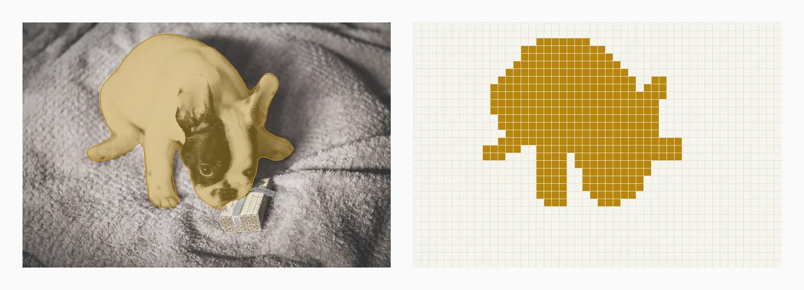 A photograph of a French bulldog with its predicted mask in gold, followed by a coarse grid view of the same mask.